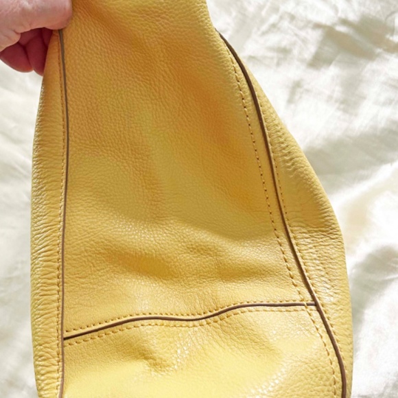 BUCKET BAG, LEATHER, YELLOW, TOP ZIPPER, ADJUSTABLE STRAP, POCKETS, by THE SAK, - Picture 12 of 16